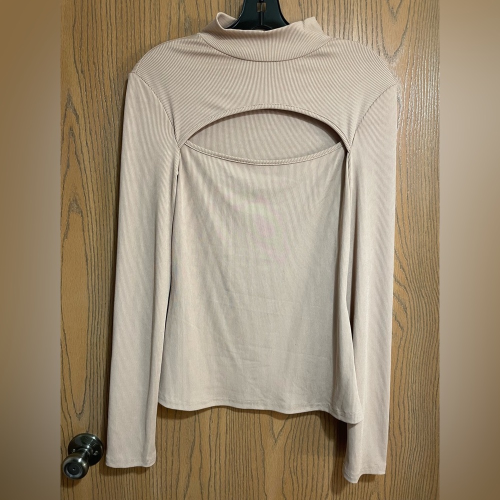 Tan Ribbed Mock Neck Cutout Blouse